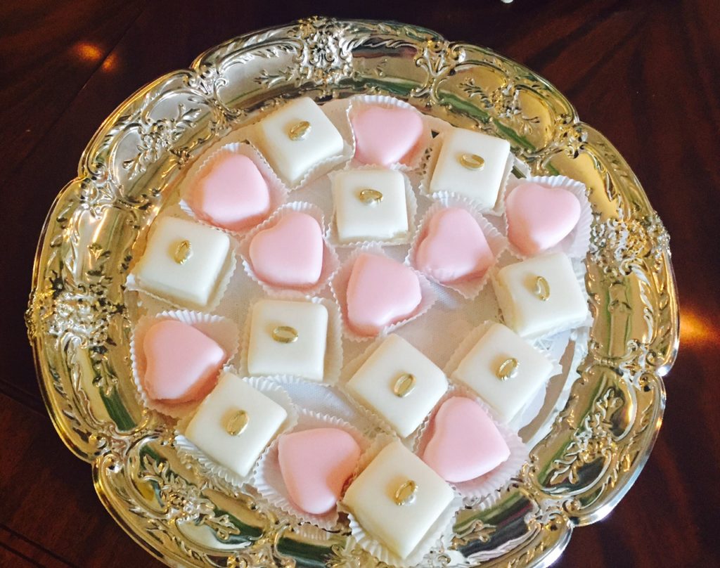 Petit Fours for an engagement party - topped with little gold rings